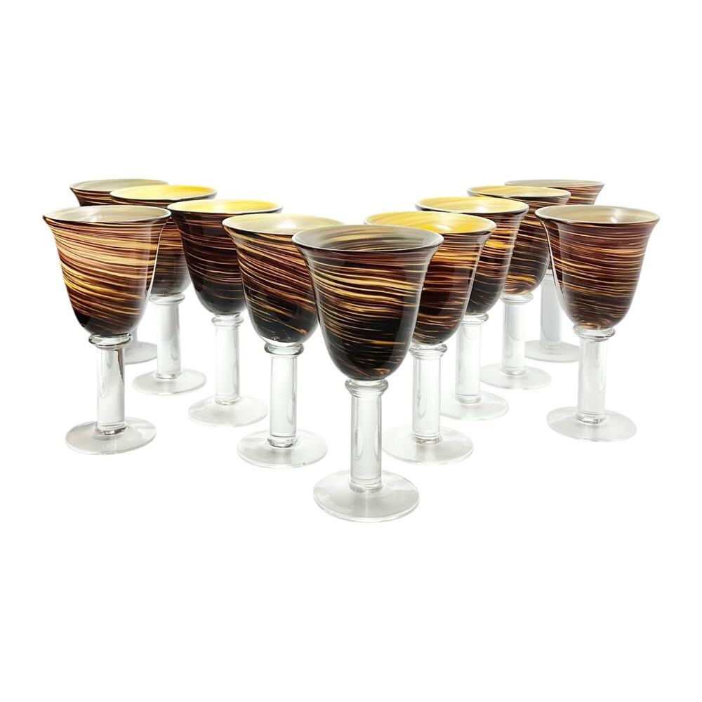 11 Handblown Murano-style Brown Amber Swirl Water or Wine Goblets 8 1/4” 14oz